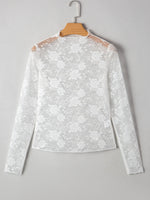 Sheer Floral Lace Mesh Mock Neck Long Sleeve Top