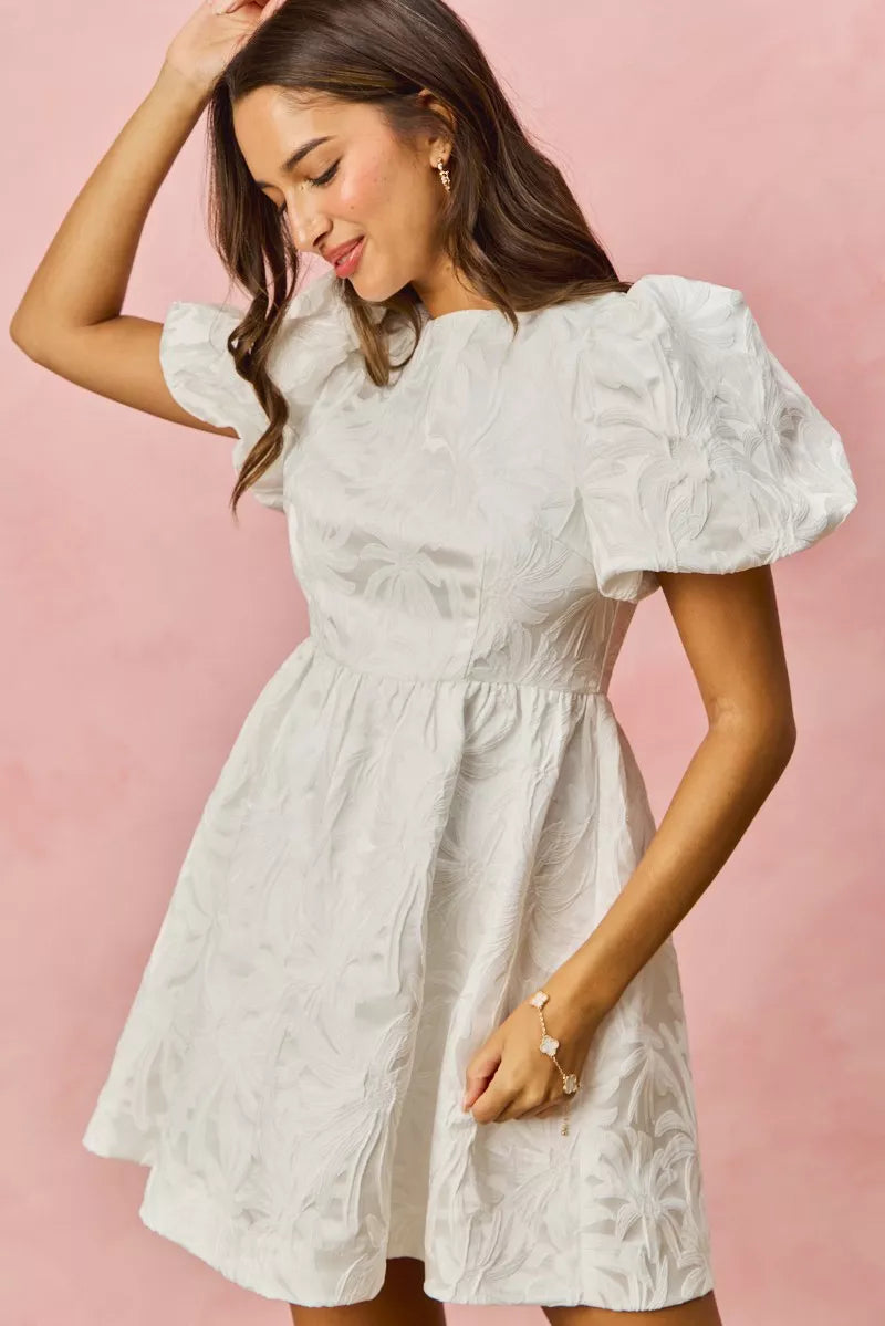 SO ME Floral Jacquard Bubble Shorts Sleeves Mini Dress
