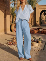Full Size Striped Button Up Shirt and Pants Set Plus Size
