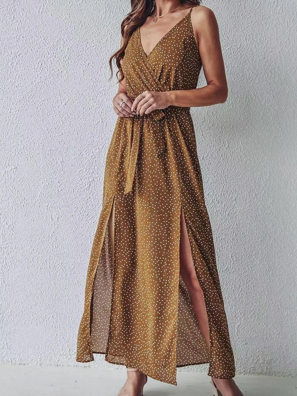 Slit Printed Surplice Midi Dress