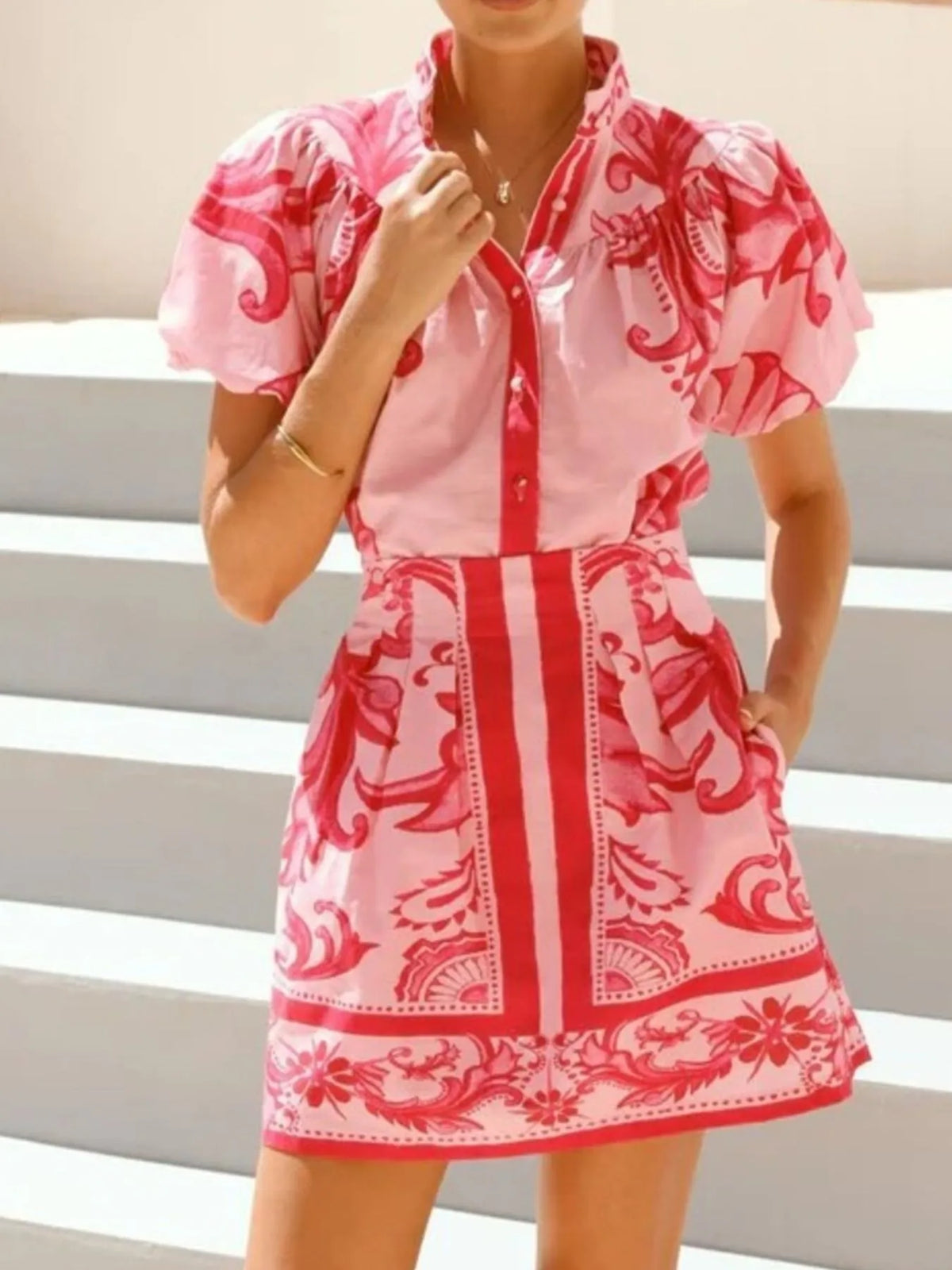 Printed Puff Sleeve Top and Skirt Set