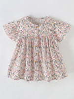 Children's Floral Print Button-Front Ruffle Sleeve Dress