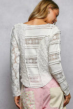 POL Round Neck Long Sleeve Exposed Seam Top with Lace Detail
