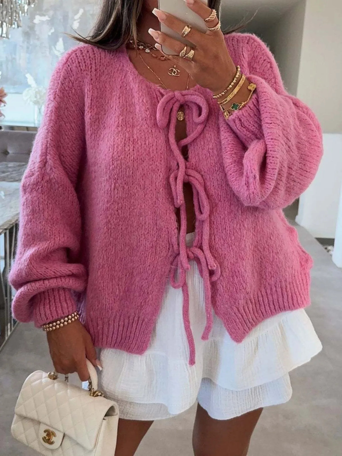 Cozy Bow-Tie Front Knit Cardigan