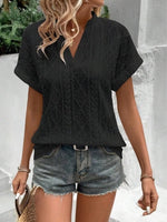 Openwork Notched Short Sleeve Blouse
