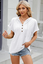 Half Button Drawstring Short Sleeve Hooded T-Shirt