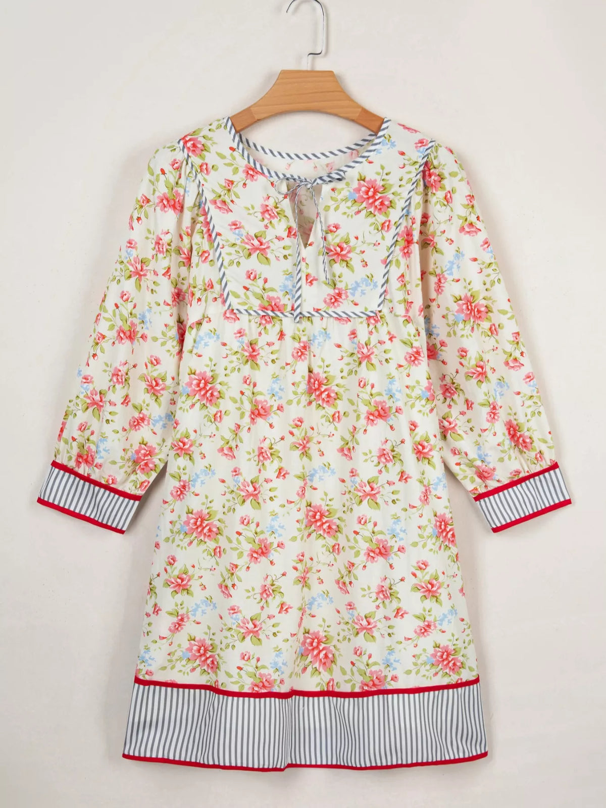 Striped Edge 3/4 Puff Sleeve Floral Dress
