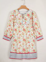 Striped Edge 3/4 Puff Sleeve Floral Dress