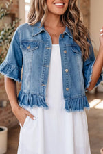 Ruffle Hem Raw Edge Half Sleeve Western Denim Jacket
