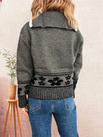Flower Zip Collar Long Sleeve Sweater