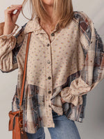Boho Floral Plaid Patchwork Distressed Detail Ruffled Sleeve Waffle Knit Shacket