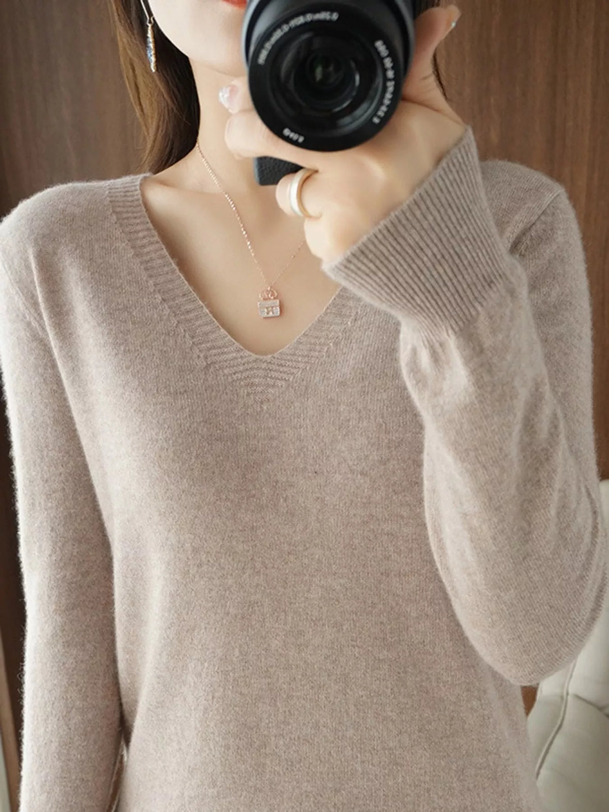 V-Neck Solid Color Sweater