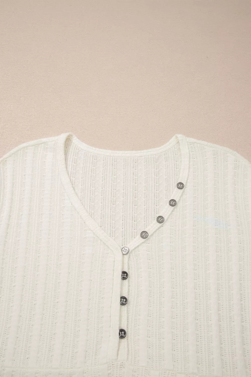 Ribbed Knit Button Detail V-Neck T-Shirt