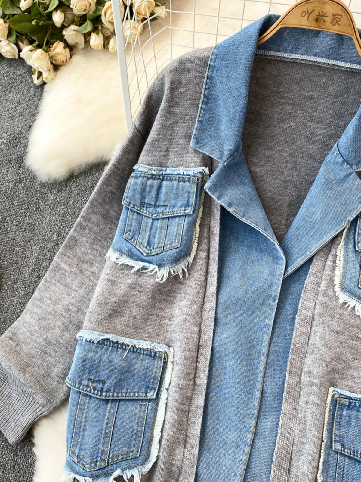 Raw Hem Denim Pocket Patchwork Cardigan
