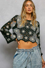 POL Floral Weave Pattern Crochet Cropped Top with Beads Detail
