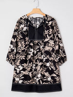 3/4 Sleeve Botanical Print Split Neck Loose Mini Dress