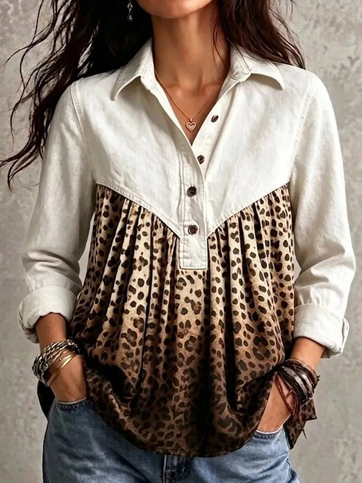 Full Size Leopard Button Detail Blouse Plus Size