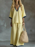 Contrast Trim V-Neck Top and Pants Set
