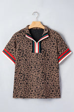 Leopard Jacquard Striped Patchwork Half Zip Short Sleeve Blouse