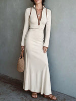 Full Size Contrast Trim Zip-Up Long Sleeve Knit Maxi Dress Plus Size