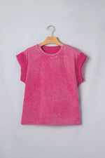 Mineral Wash Raw Seam Detail Lace Trim Cap Sleeve Top