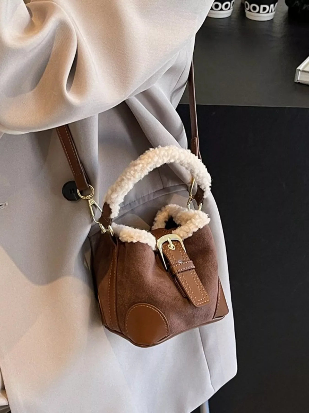 Fuzzy Trim Bucket Crossbody Bag