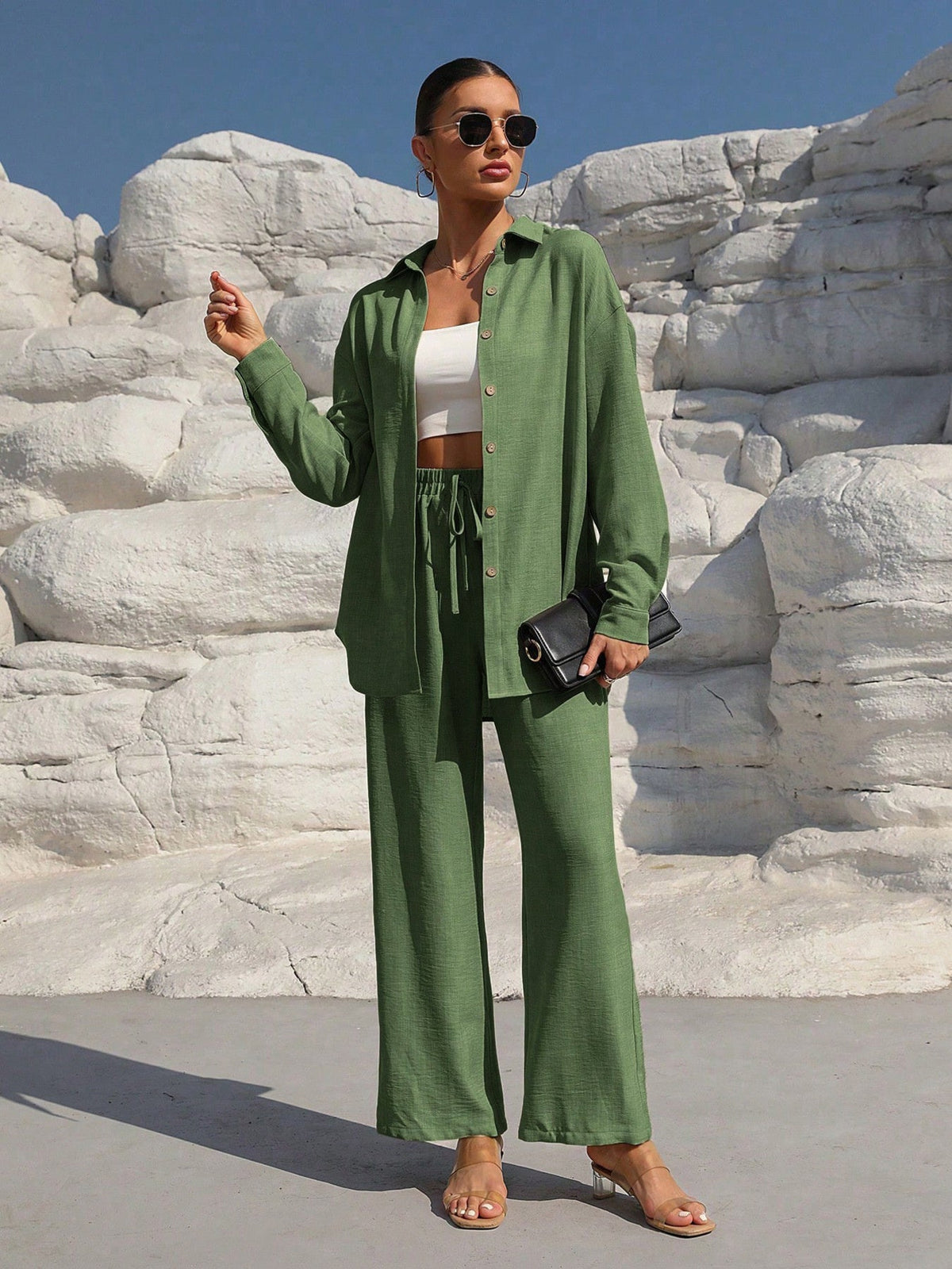 Button Up Long Sleeve Shirt and Pants Set