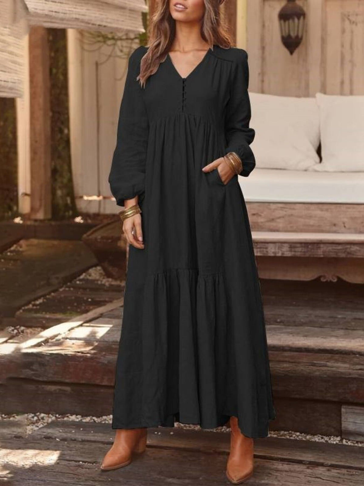Full Size V-Neck Long Sleeve Tiered Maxi Dress Plus Size