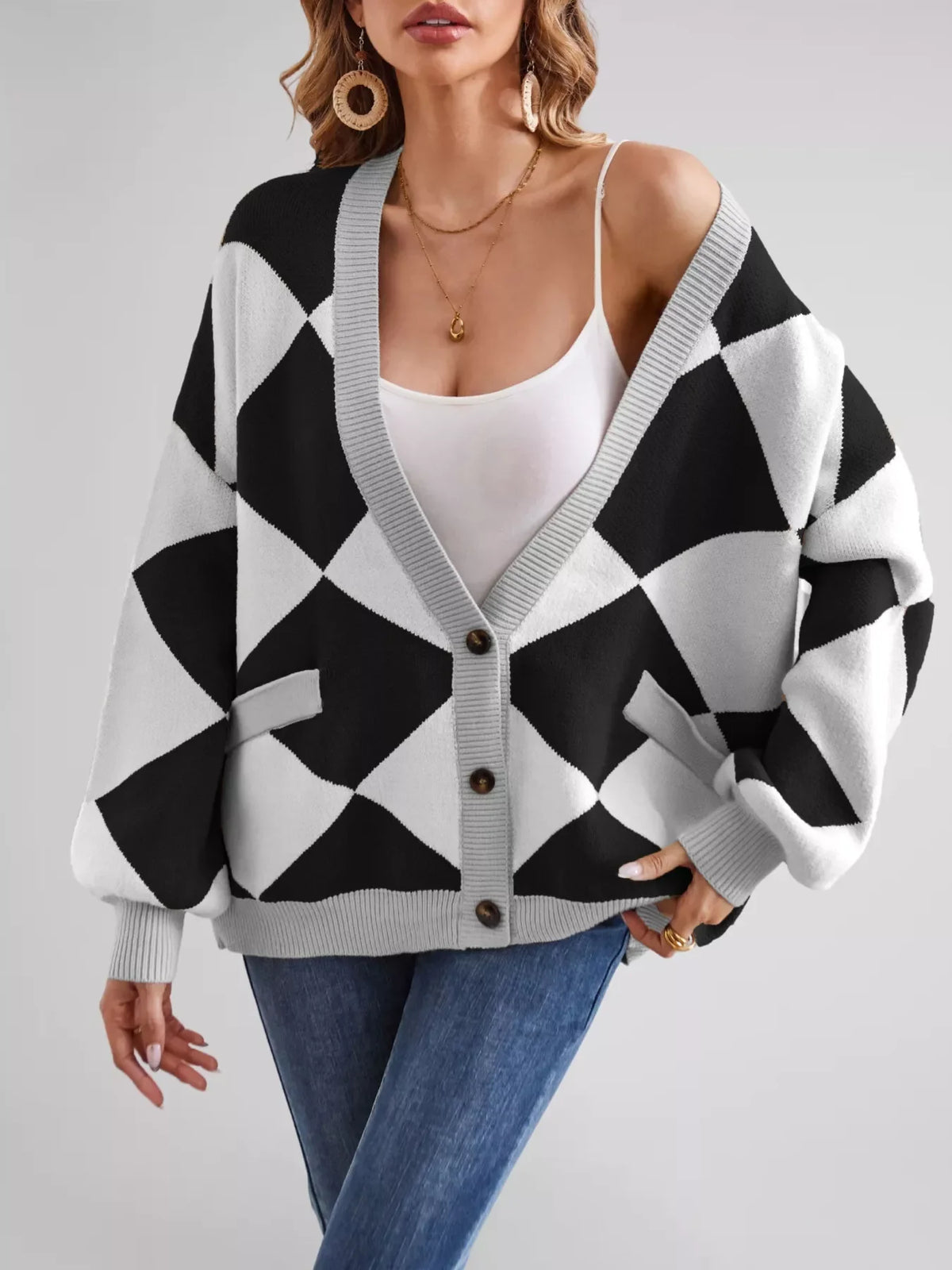 Diamond Pattern Button-Up Knit Cardigan