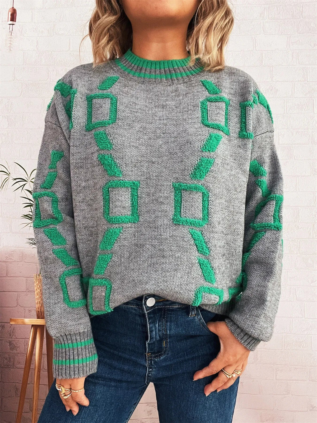 Contrast Round Neck Long Sleeve Sweater