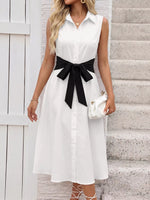 Contrast Bow Sleeveless Shirt Dress