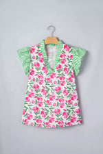 Floral Print Striped Ruffle Trim V Neck Blouse