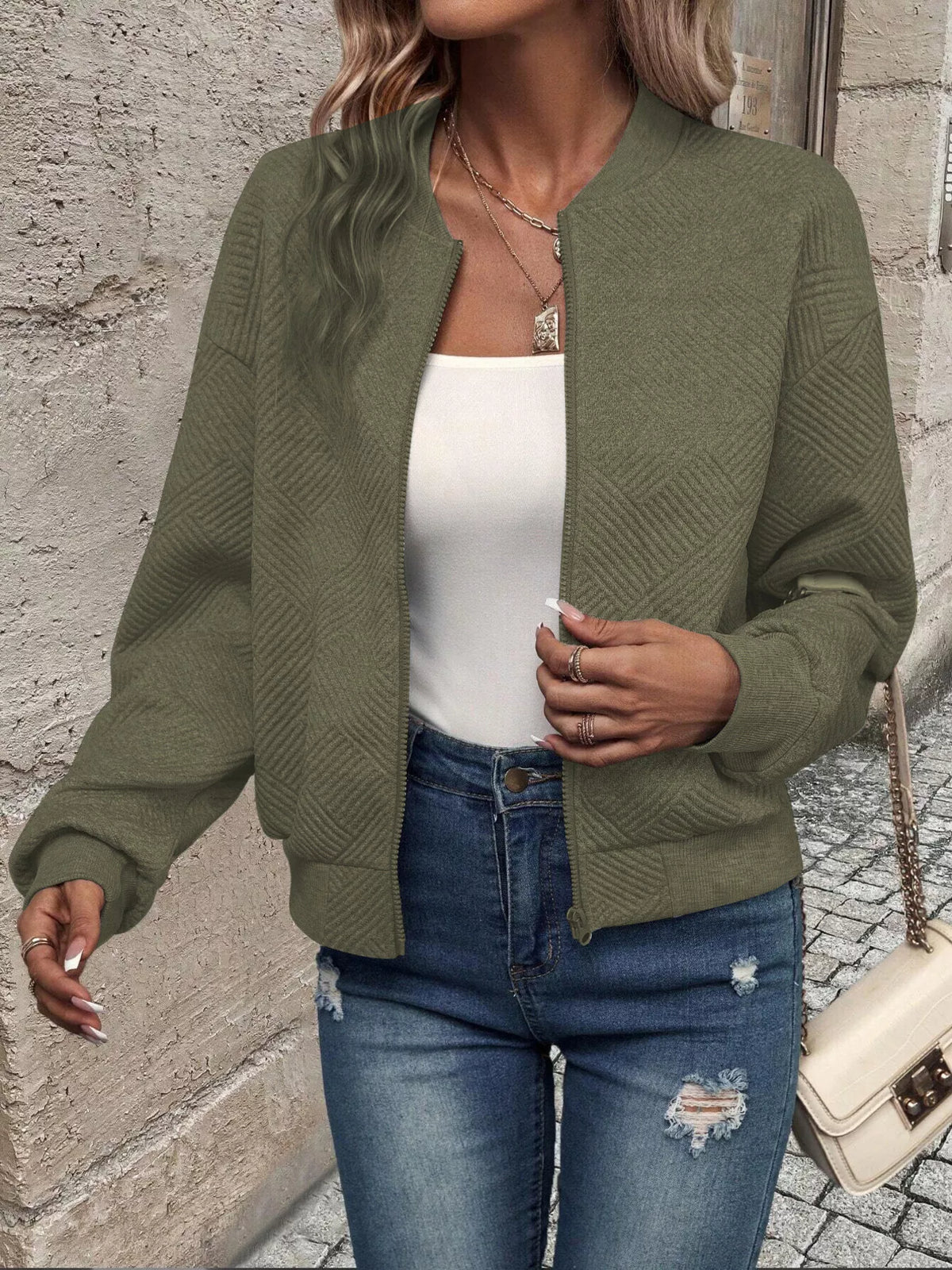 Texture Zip-Up Bomber Jacket