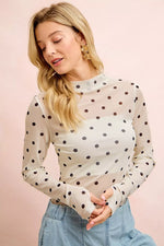 BiBi High Neck Line Polka Dots Mesh Top With Thumb Open