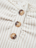 Lace Neckline Button Decor Lettuce Edge Long Sleeve Ribbed Top