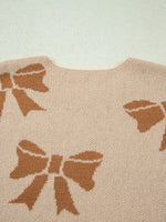 Ribbon Bow Checkered Striped Sleeve Drop Shoulder Sweater