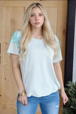 Stripe Floral Insert Sleeves Contrast Round Neck Tee