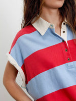 Half Button Striped Short Sleeve Cropped Polo Shirt