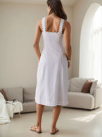 Lace Trim Button Front Square Neck Midi Dress