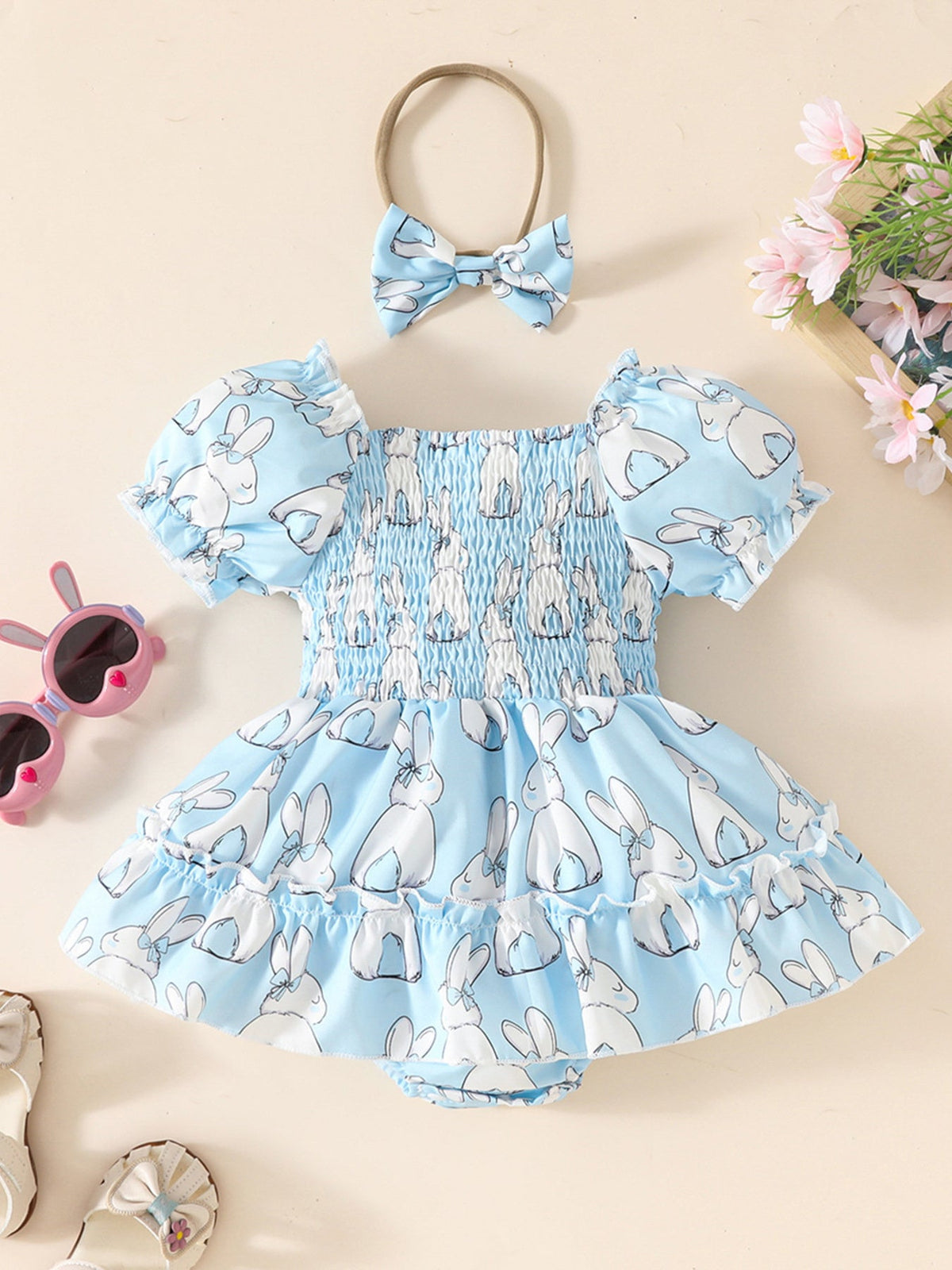 Children's Bunny Print Smocked Dress & Headband Set