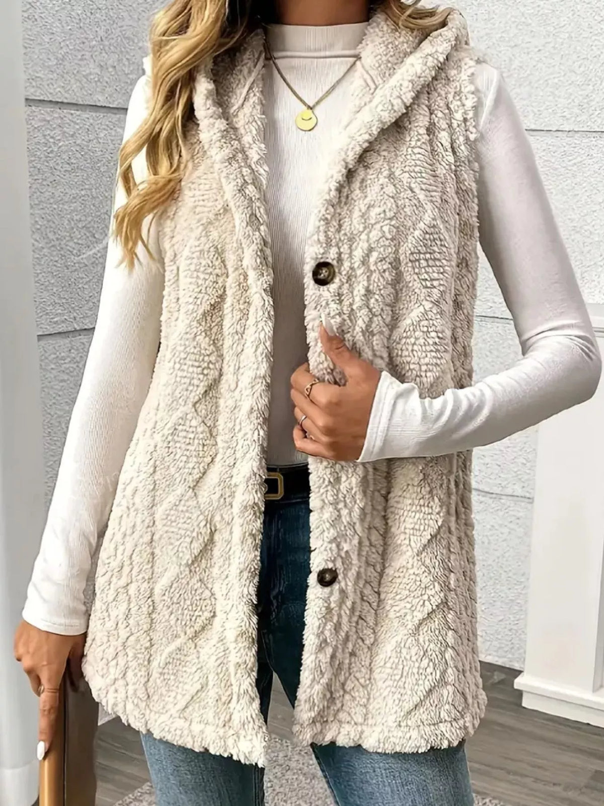 Button-Down Sherpa Hooded Vest Coat