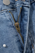 Pearl Beaded Raw Hem Wash Denim Shorts