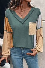 Color Block V-Neck Long Sleeve T-Shirt