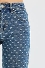 RISEN High Rise Wide Leg Bow Embroidered Jeans