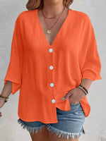 Full Size Casual V-Neck Button Down Relaxed Fit Blouse Plus Size