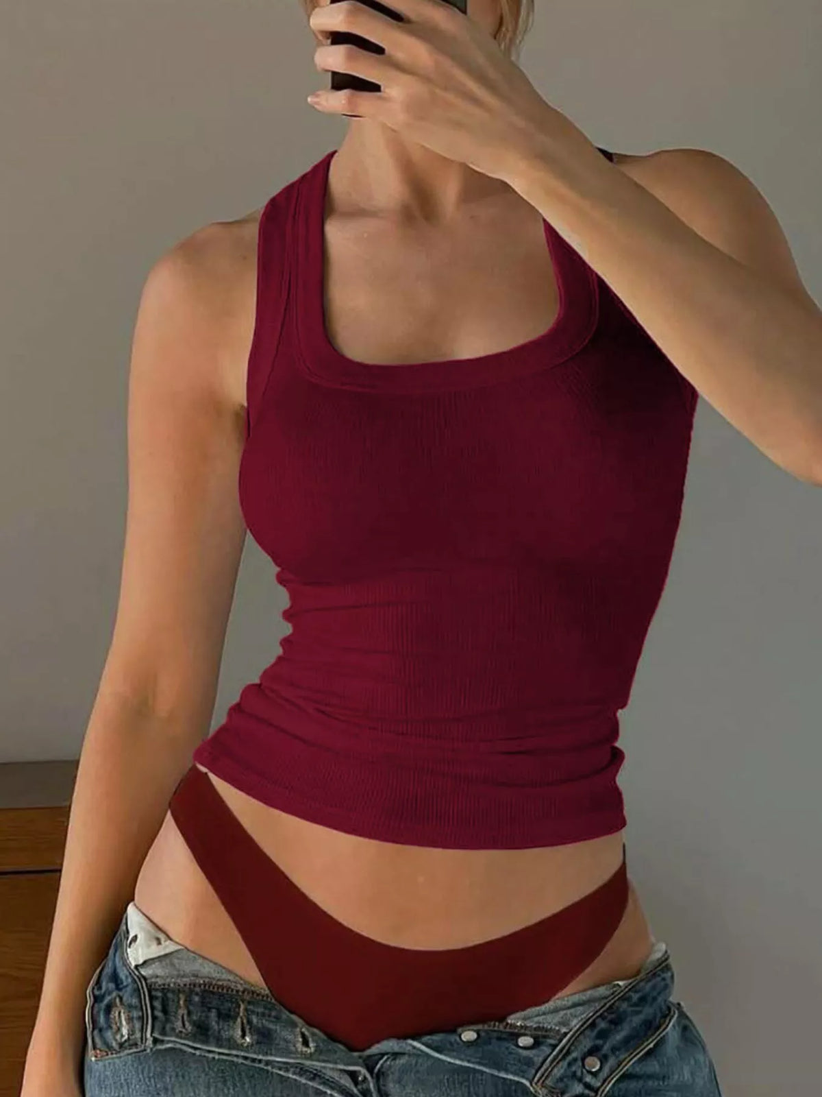 Ribbed Square Neck Tank Top