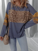 Leopard Color Block Long Sleeve Drop Shoulder Top