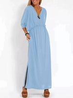Full Size V-Neck Batwing Sleeve Maxi Dress with Side Slits Plus Size