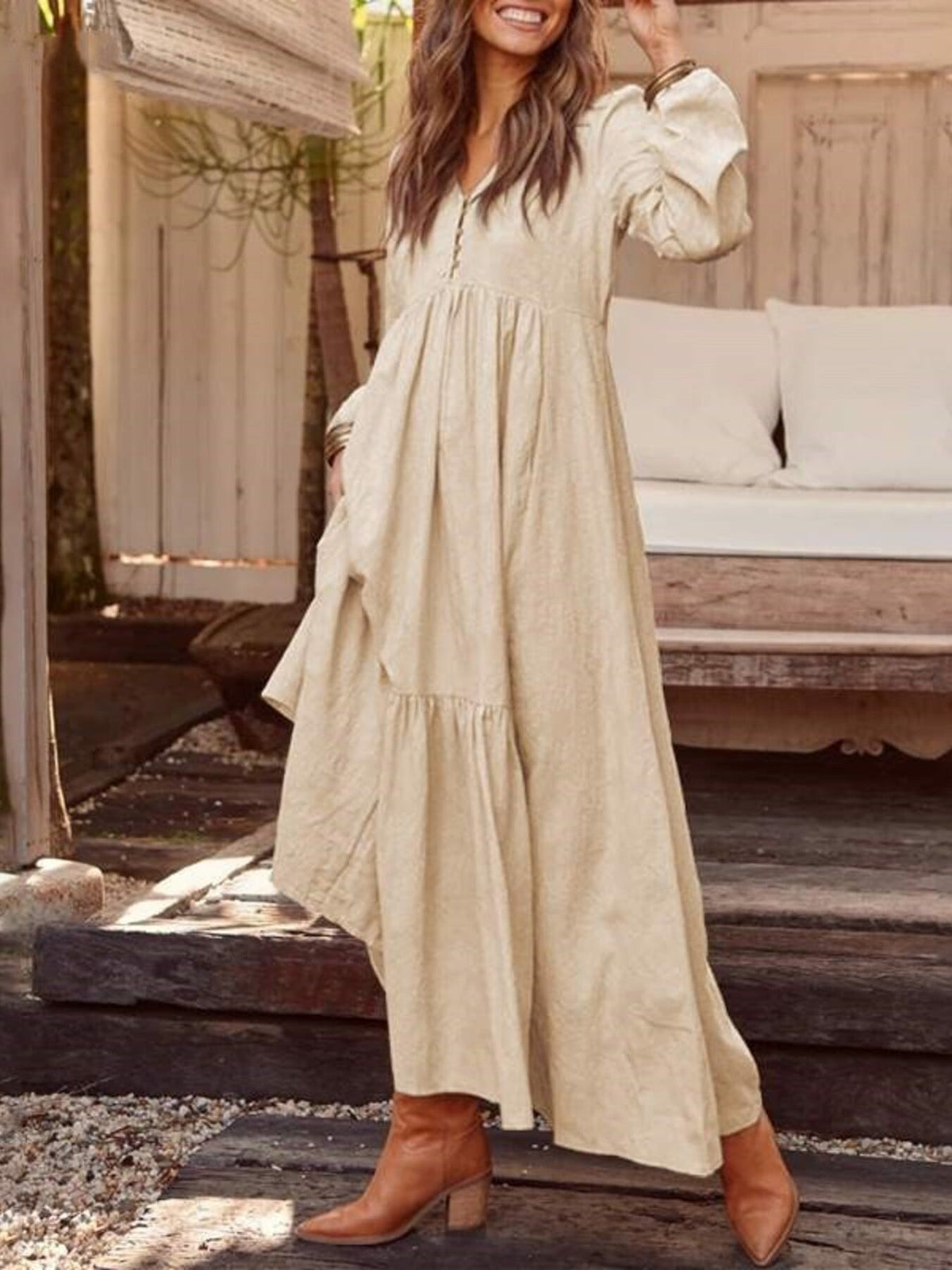 Full Size V-Neck Long Sleeve Tiered Maxi Dress Plus Size