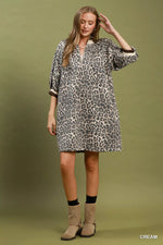Umgee Leopard Print Quarter Zip Puff Sleeve Mini Dress